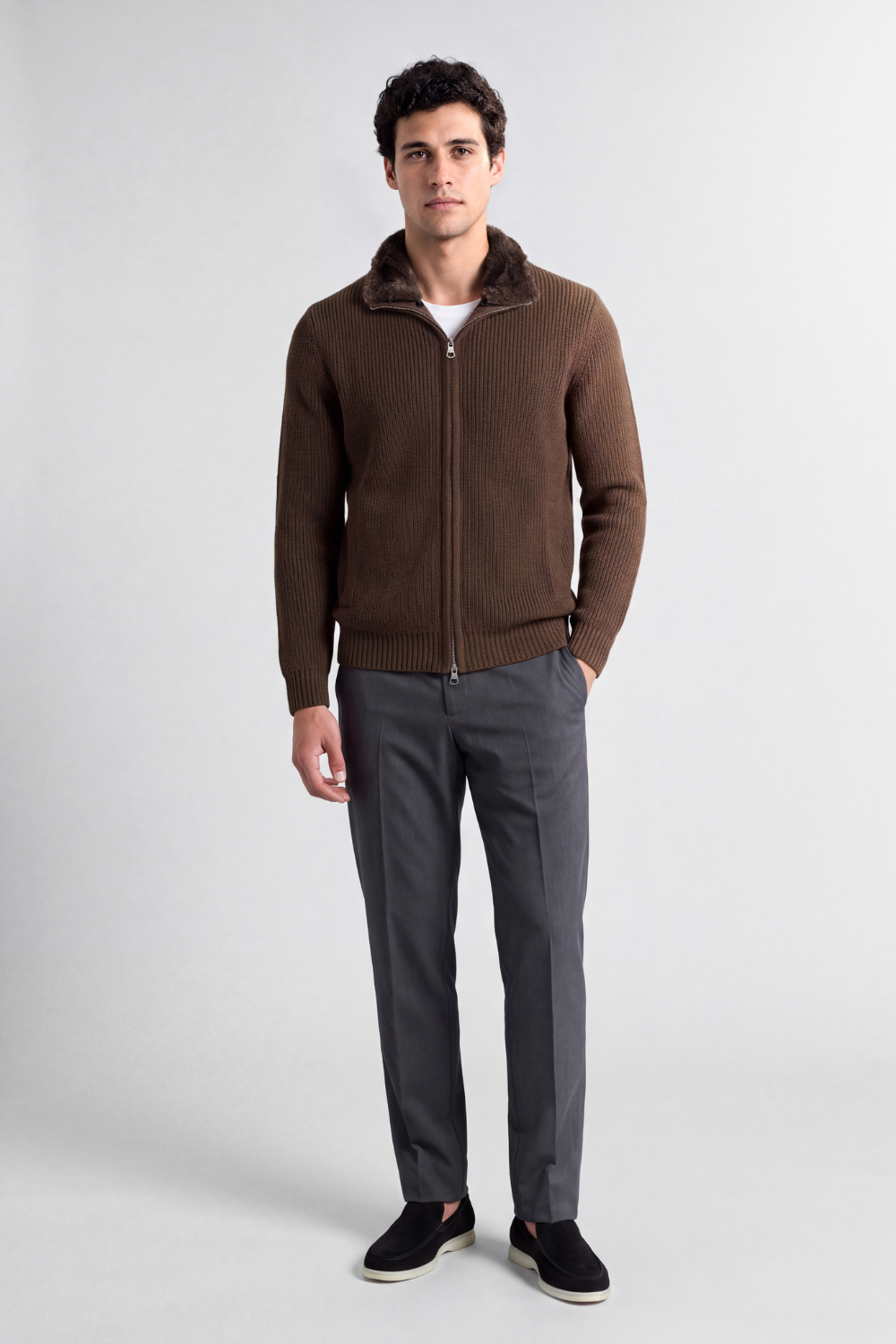 Brown Fur Collar Wool Cardigan