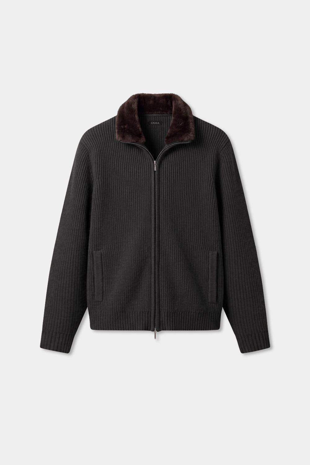 Dark Grey Fur Collar Wool Cardigan