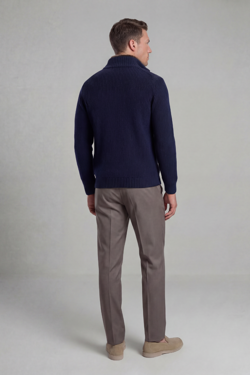 Navy Blue Fur Collar Wool Full Zip