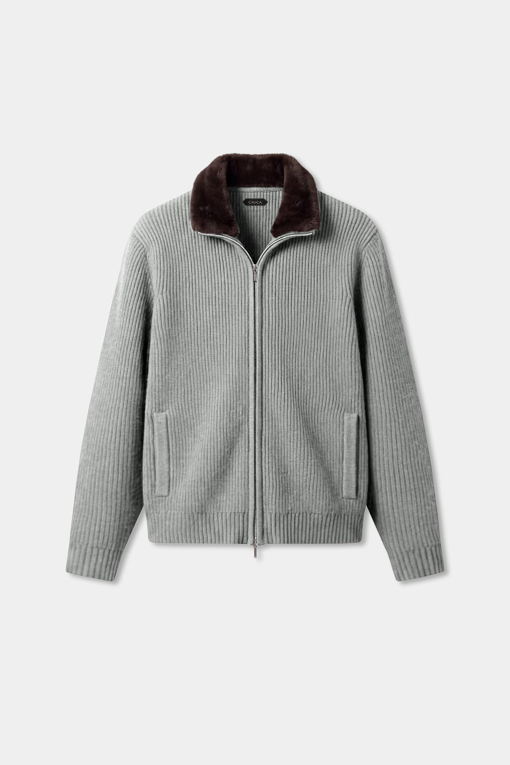 Light Grey Fur Collar Wool Cardigan