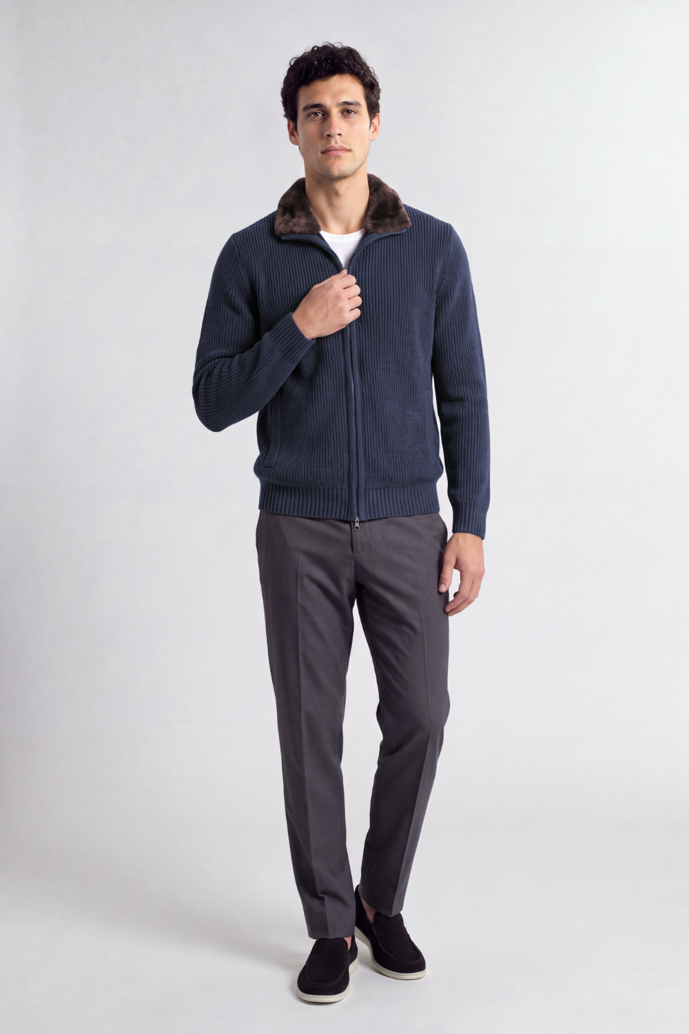 Navy Blue Fur Collar Wool Cardigan