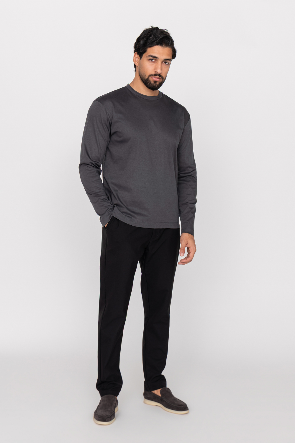 Dark Grey Cotton-Silk Longsleeve T-shirt