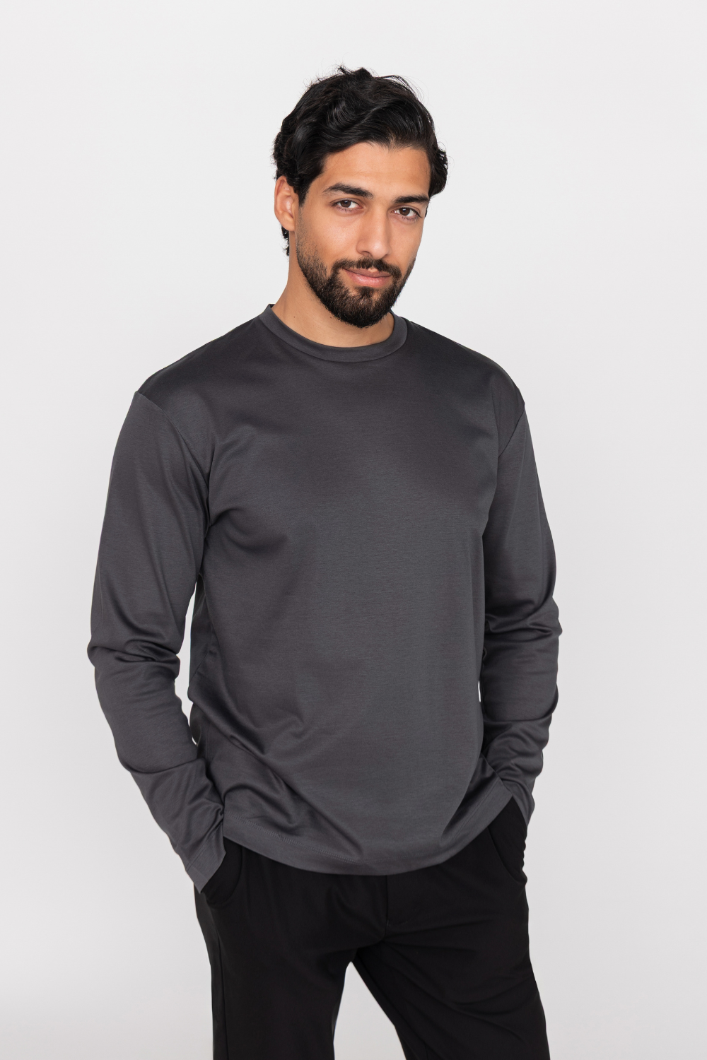 Dark Grey Cotton-Silk Longsleeve T-shirt