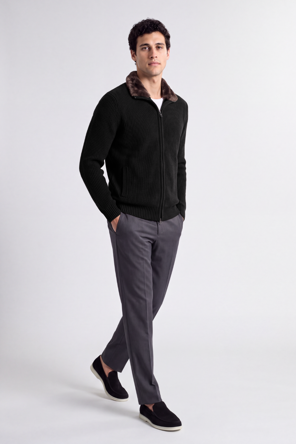 Black Fur Collar Wool Cardigan