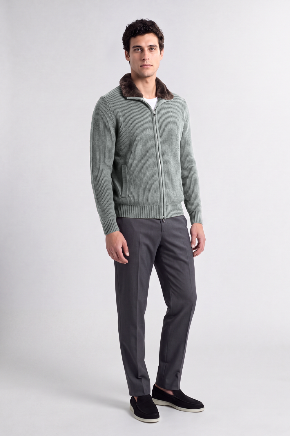 Light Grey Fur Collar Wool Cardigan