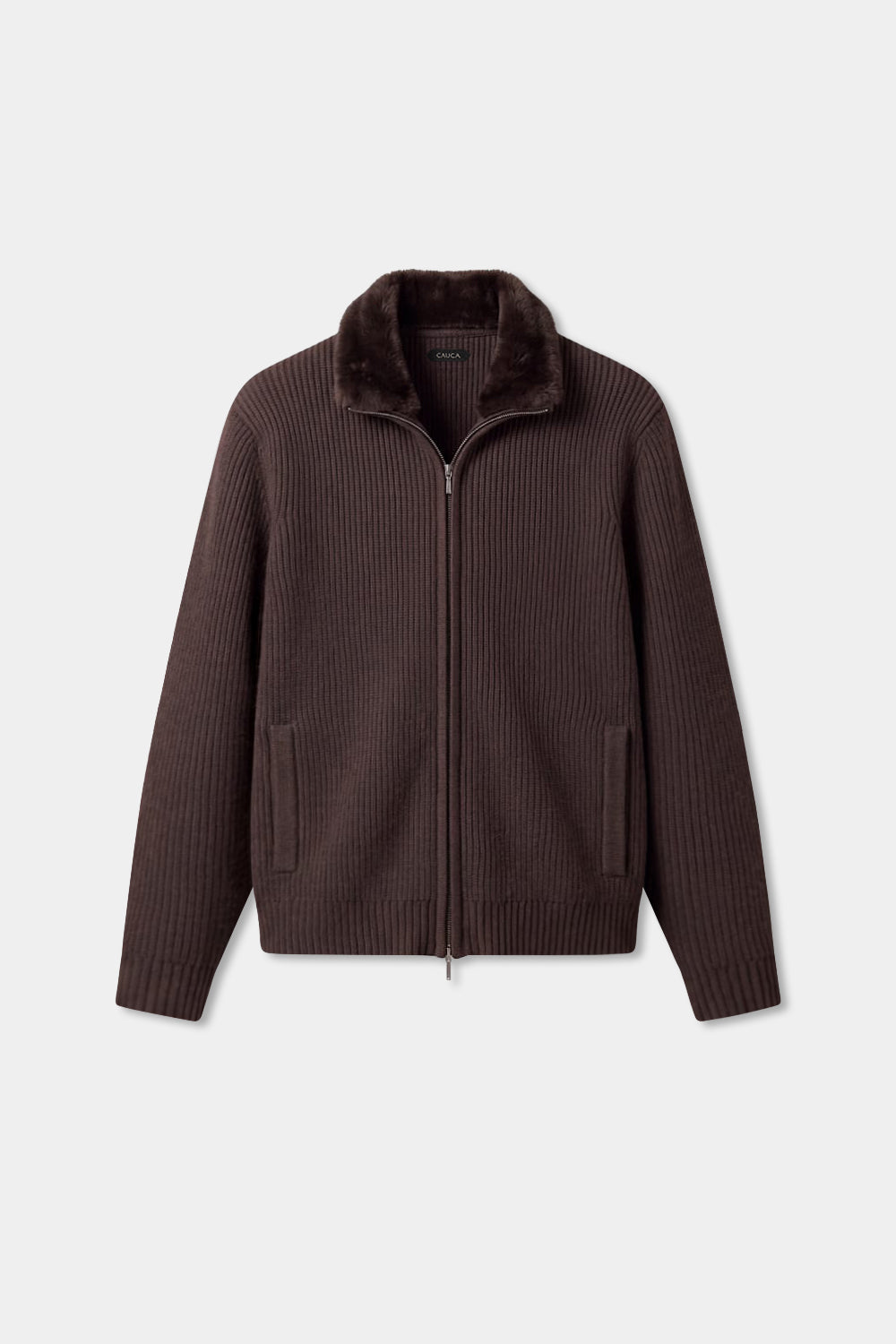 Brown Fur Collar Wool Cardigan