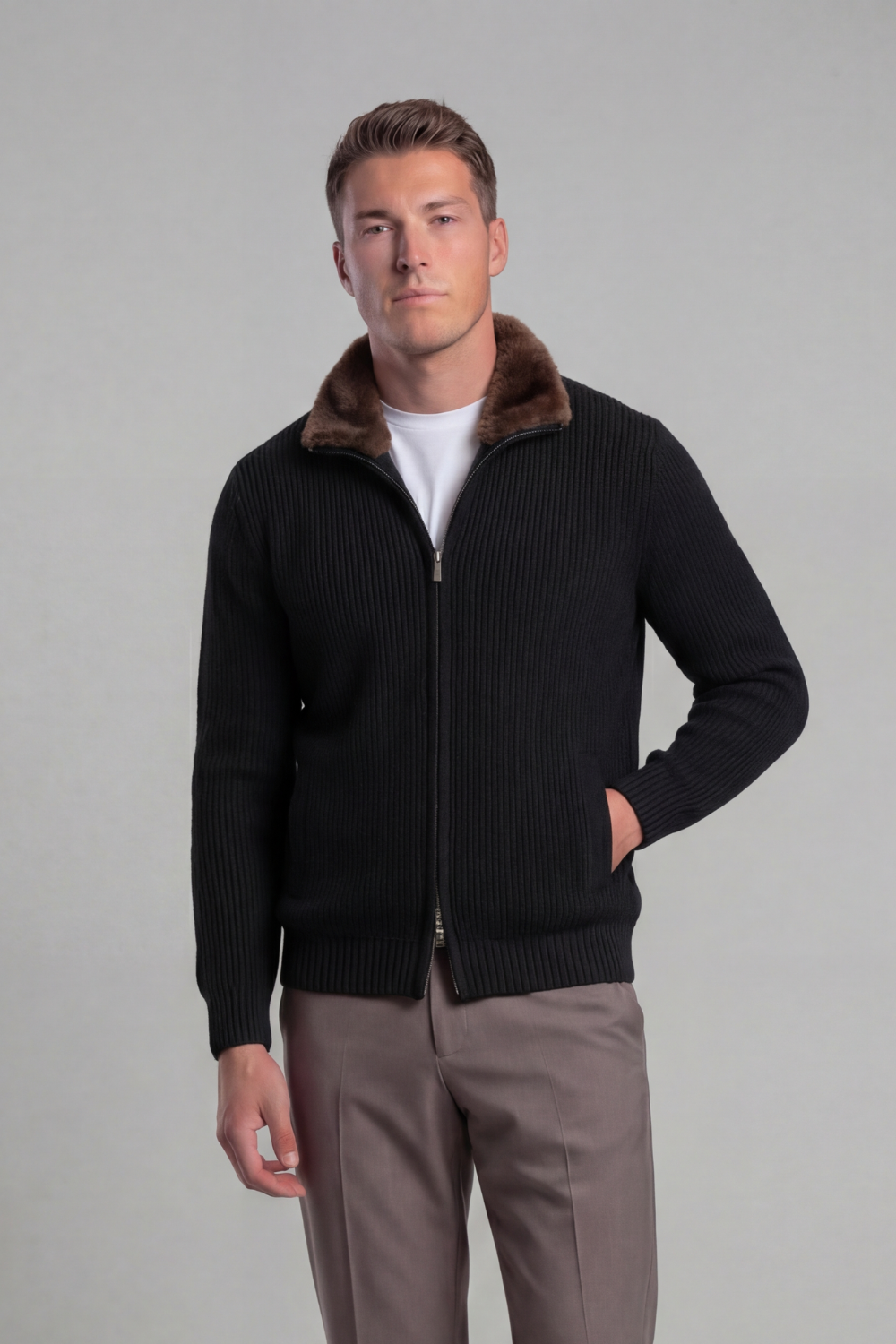 Black Fur Collar Wool Full Zip