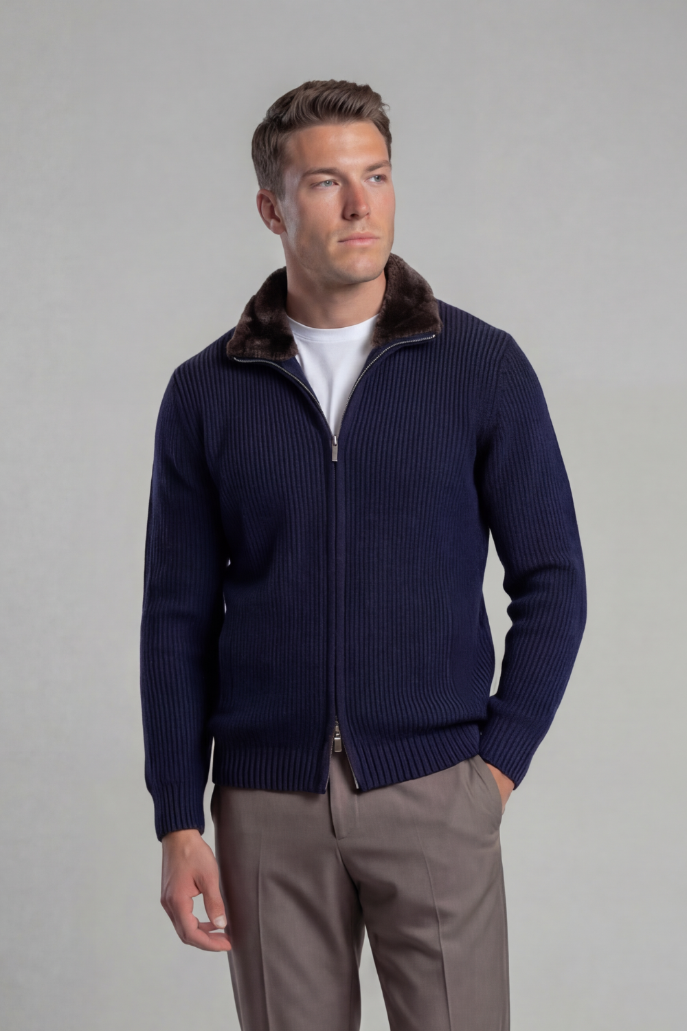Navy Blue Fur Collar Wool Full Zip