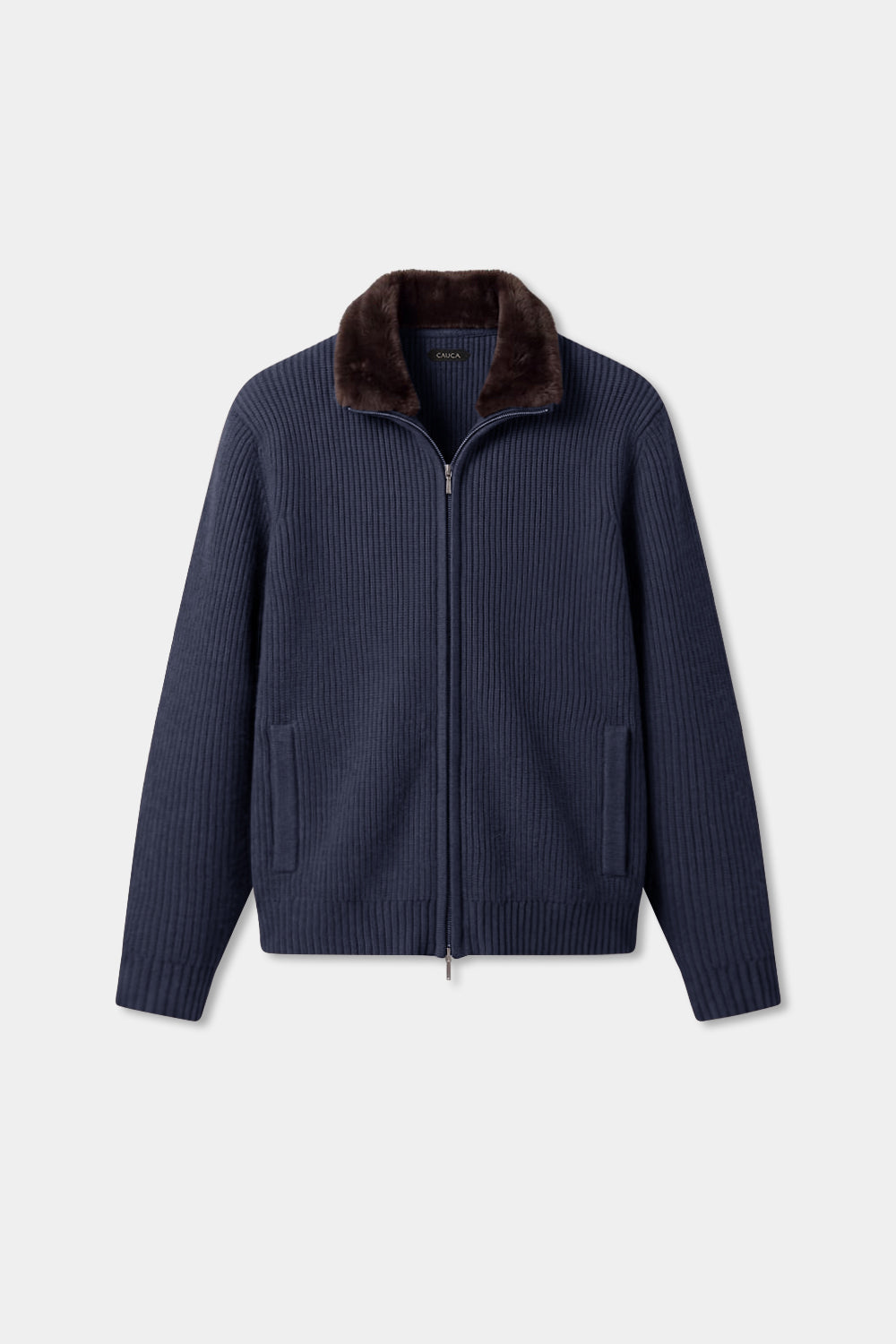 Navy Blue Fur Collar Wool Cardigan
